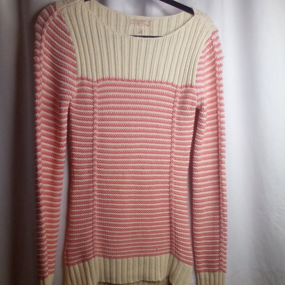 Old Navy Sweater S Women Long Sleeve Stripe Textured Pink White